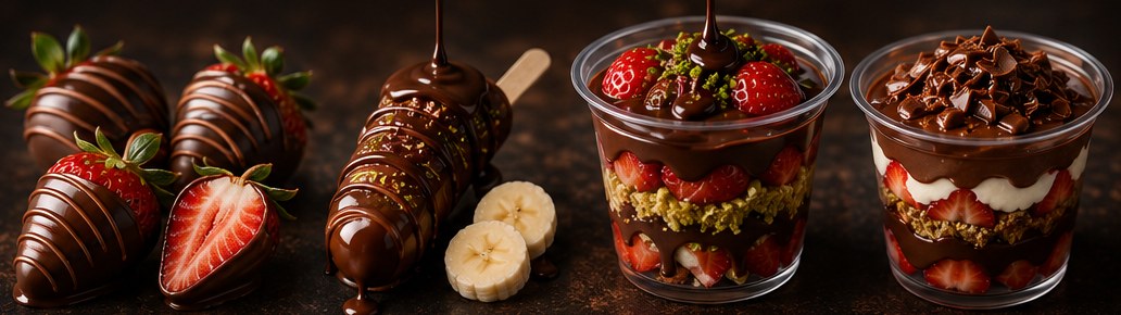 FRUITCHOCCO desserts: chocolate covered strawberries, chocolate banana, Dubai strawberry cup and strawberry cup